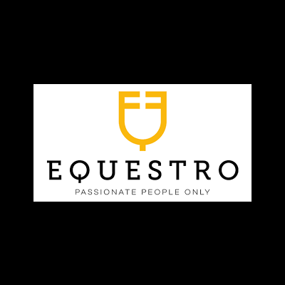 Logótipo da marca EQUESTRO com símbolo amarelo e texto preto e cinzento num fundo branco