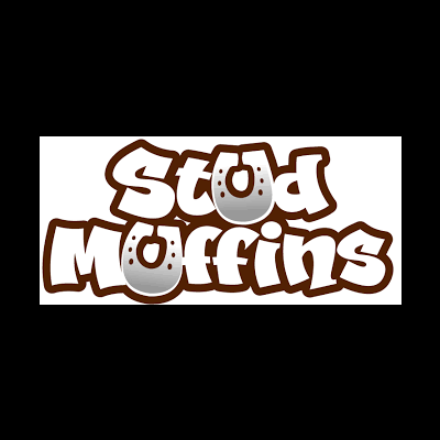 Logótipo Stud Muffins com letras castanhas e ferraduras cinzentas