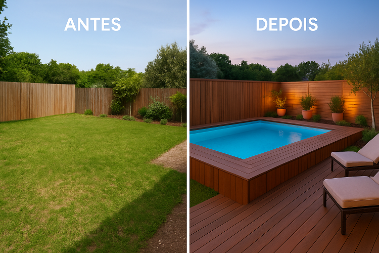 Antes e Depois: Transformação de um Jardim com Piscina Modular e Deck em Madeira 🌿🏊‍♂️