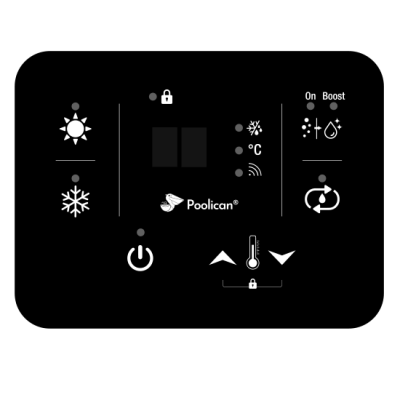 Painel de controlo preto com vários ícones brancos e texto