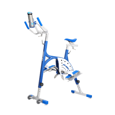 Bicicleta estática azul e branca para exercício com suporte para garrafa