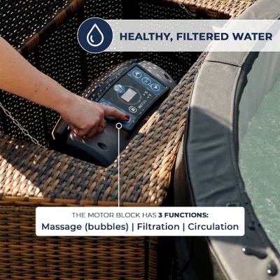 Bloco de motor com controlo digital junto a jacuzzi e estrutura de rattan