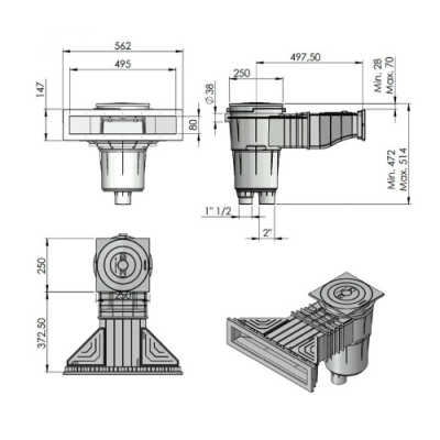 Desenho técnico de sistema de drenagem com várias vistas e dimensões