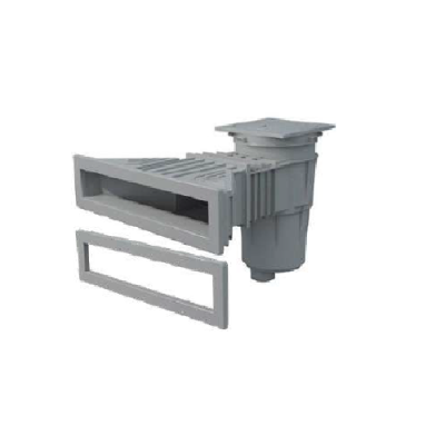 Dispositivo de skimmer para piscina em plástico cinzento com grelha e moldura retangular