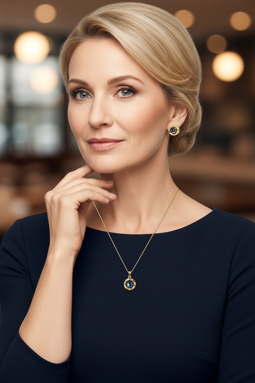 Conjunto de joias douradas com pedra azul e detalhes pretos em mulher com blusa azul