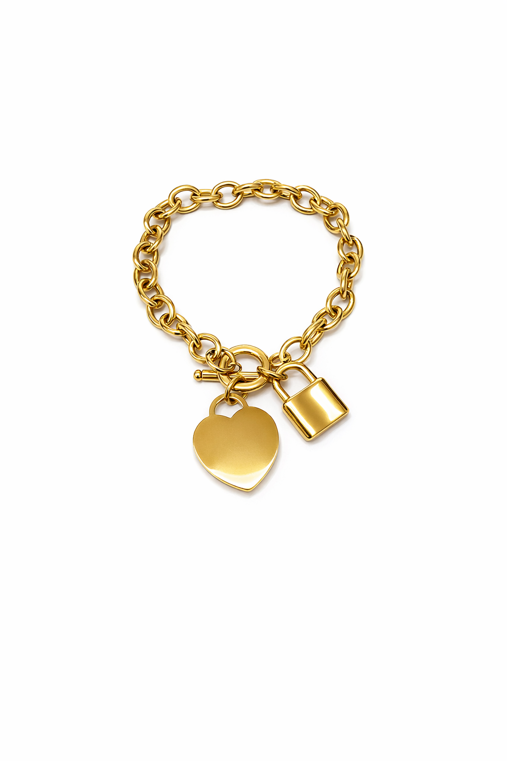 Pulseira dourada com pendentes de coração e cadeado