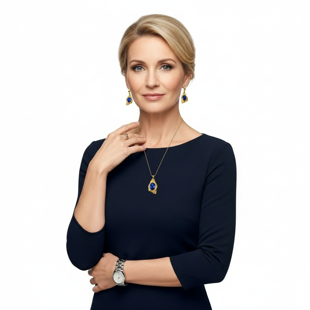 Conjunto dourado com pedra azul