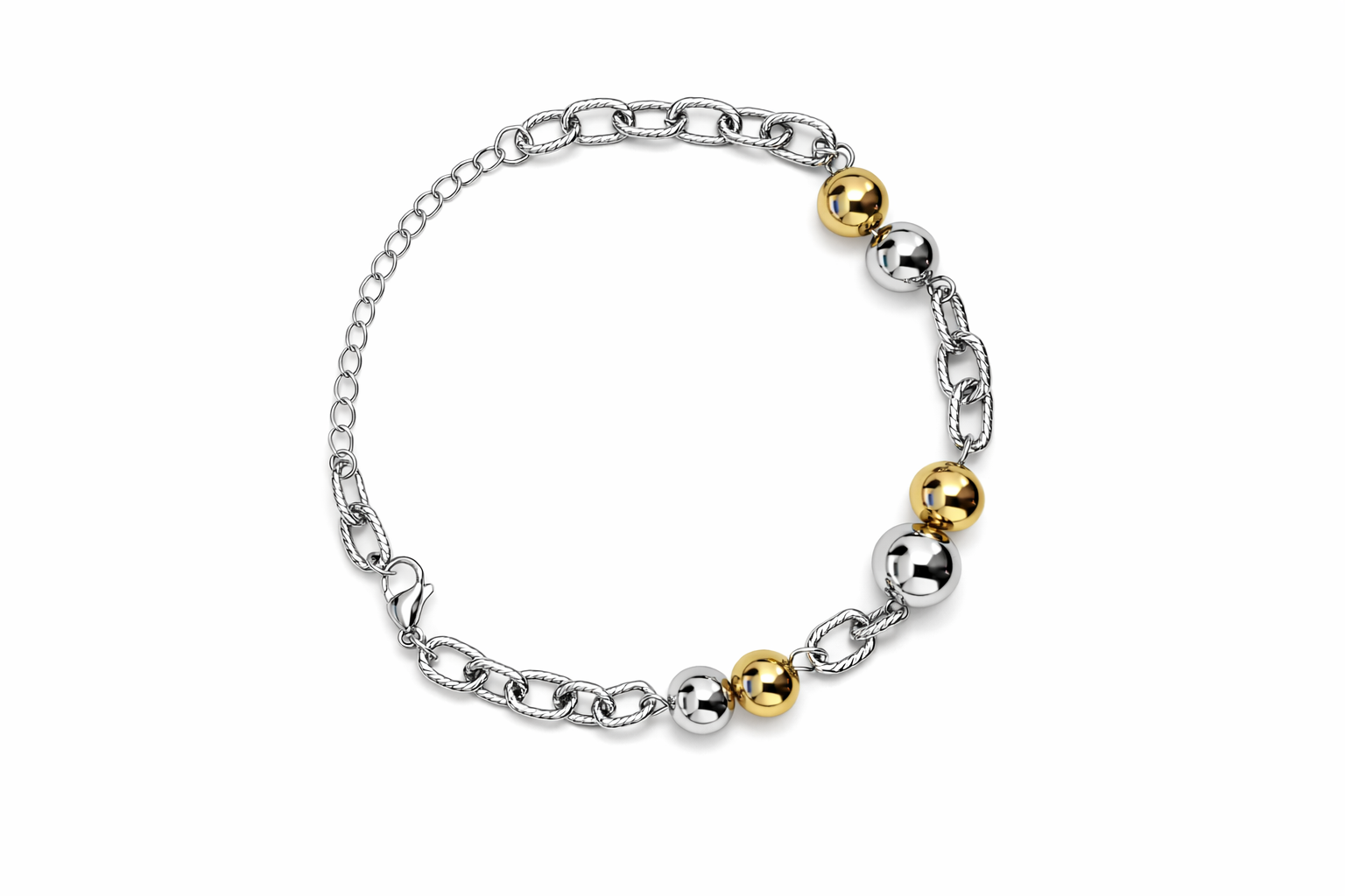 Pulseira de elos de corrente prateados com contas douradas e prateadas