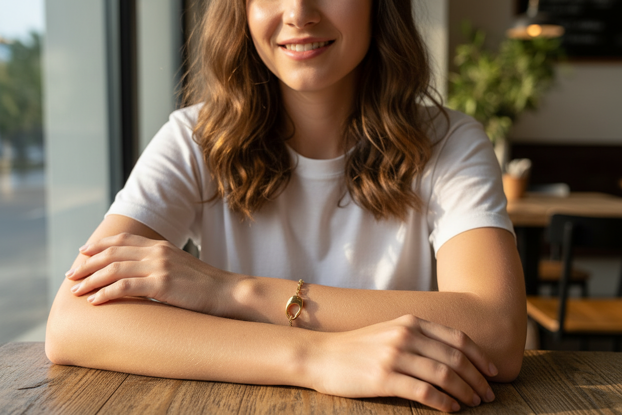 Mulher com pulseira dourada no pulso esquerdo sentada numa mesa de madeira
