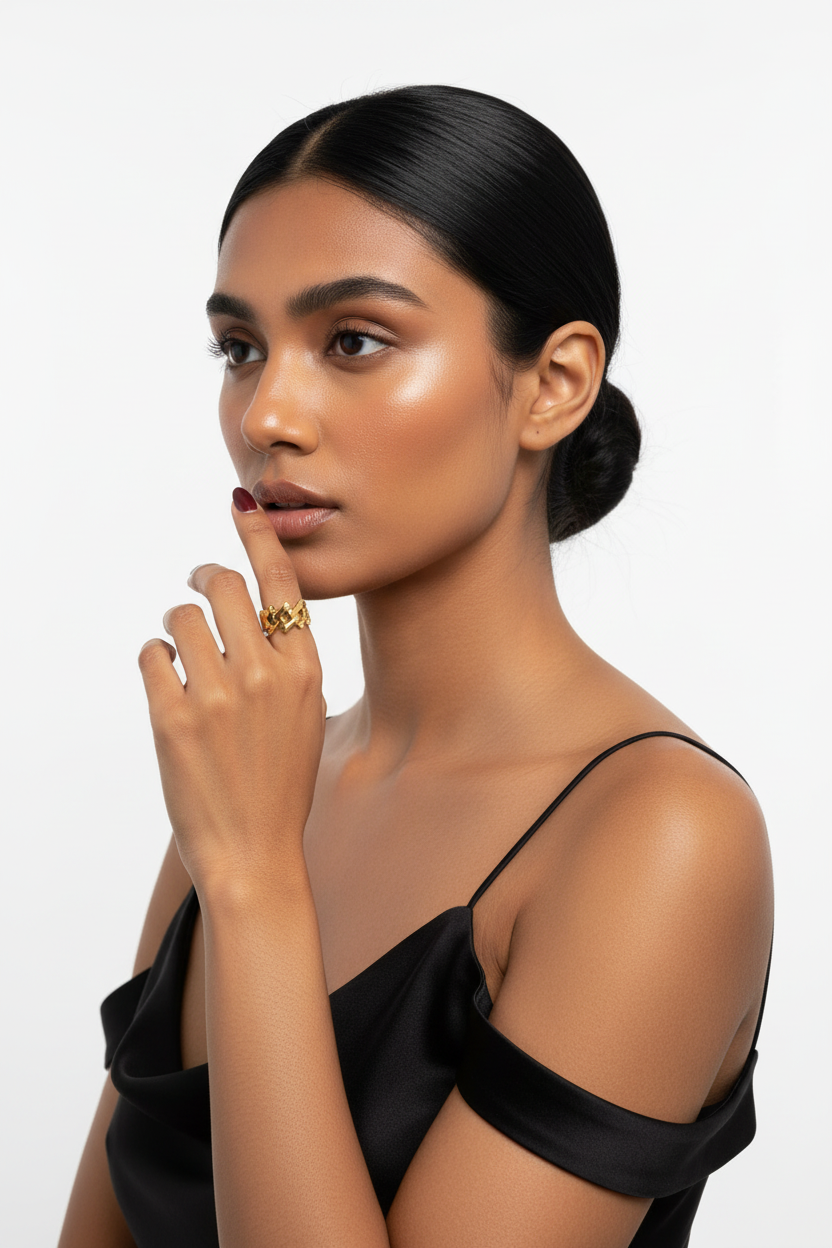 Mulher com top preto e anéis dourados em fundo branco