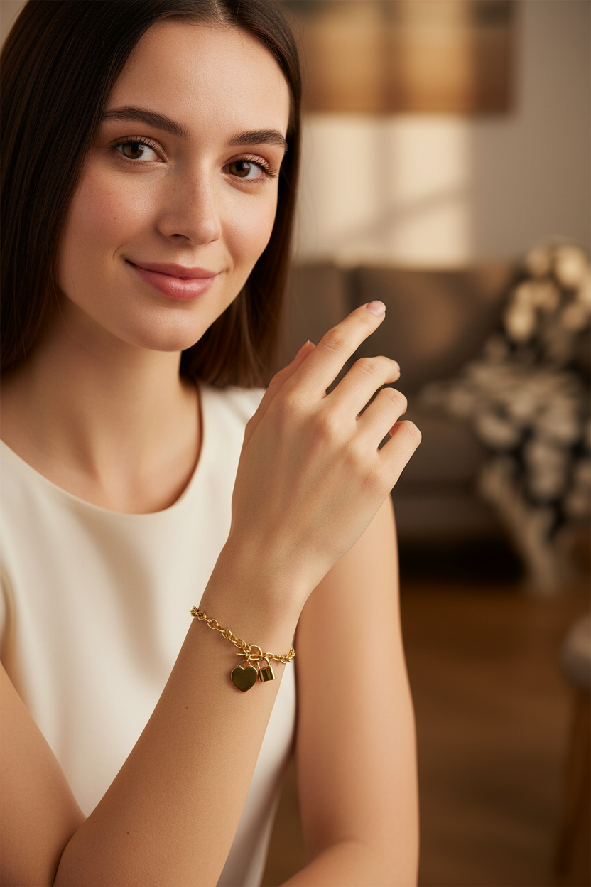 Pulseira dourada com pendentes em forma de coração e cadeado no pulso de mulher