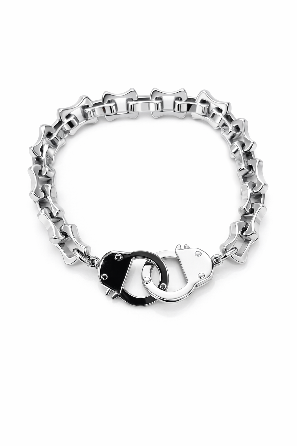 Pulseira metálica prateada com elos em forma de pequenos ossos e fecho em forma de algemas