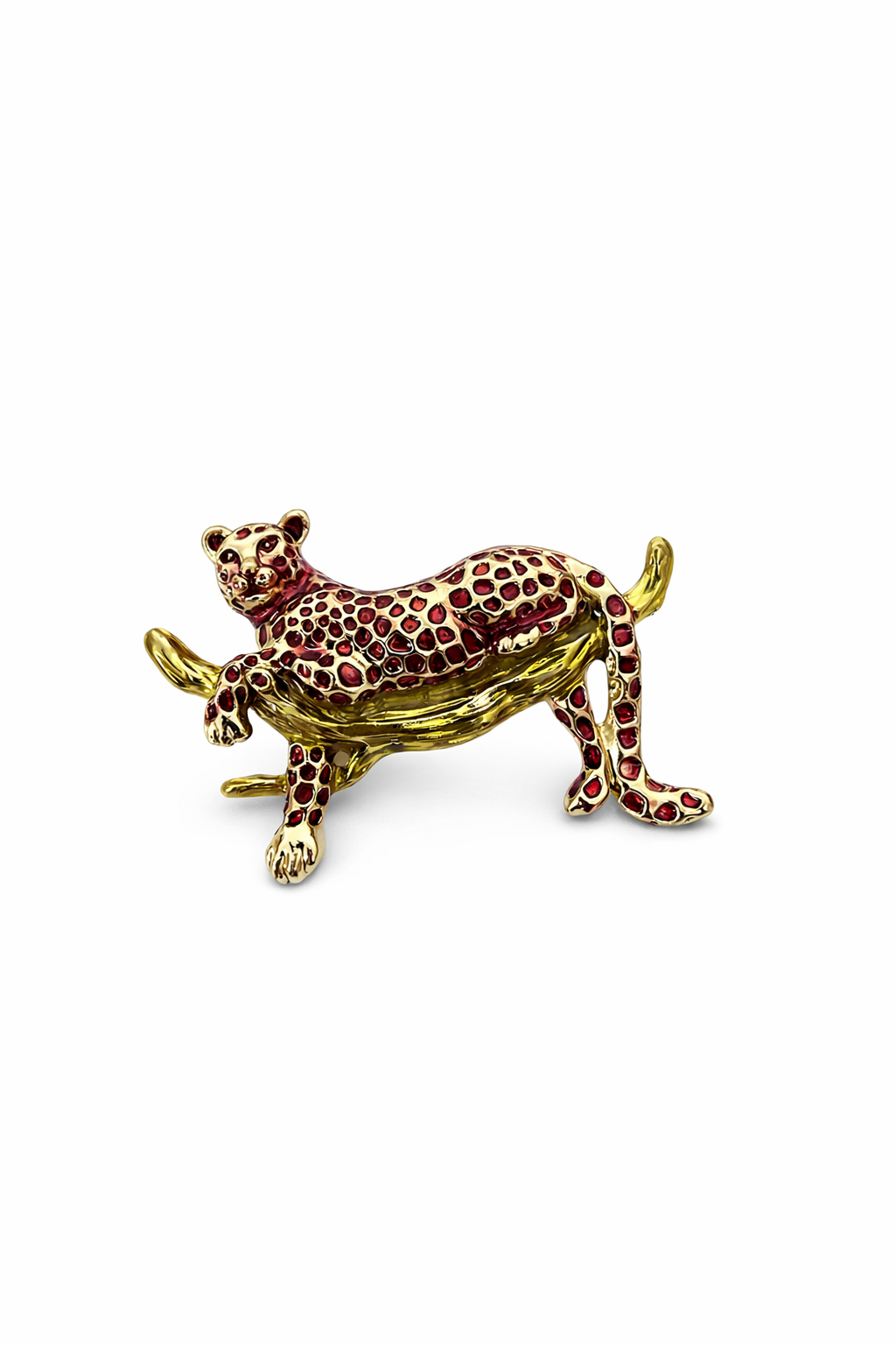 Pingente ou broche leopardo dourado e vermelho em galho