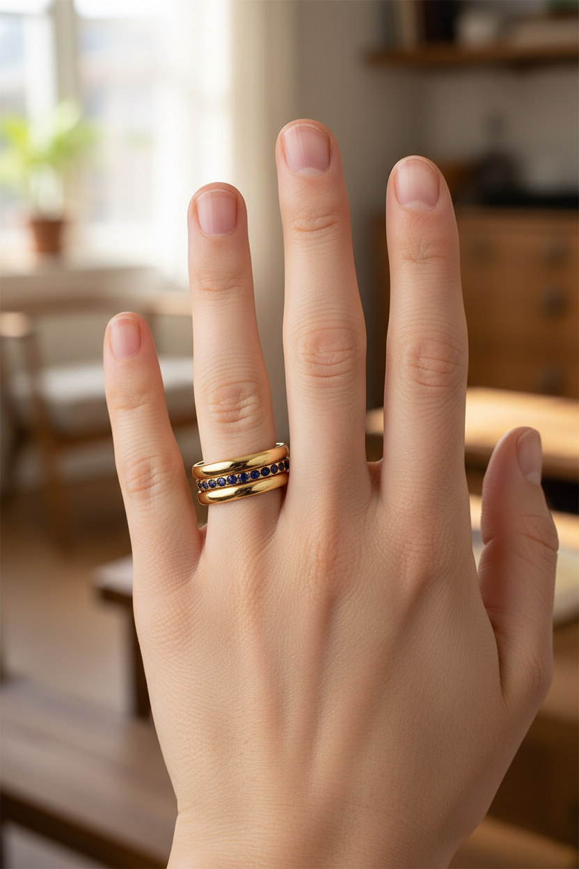 Anel dourado com detalhes em azul safira