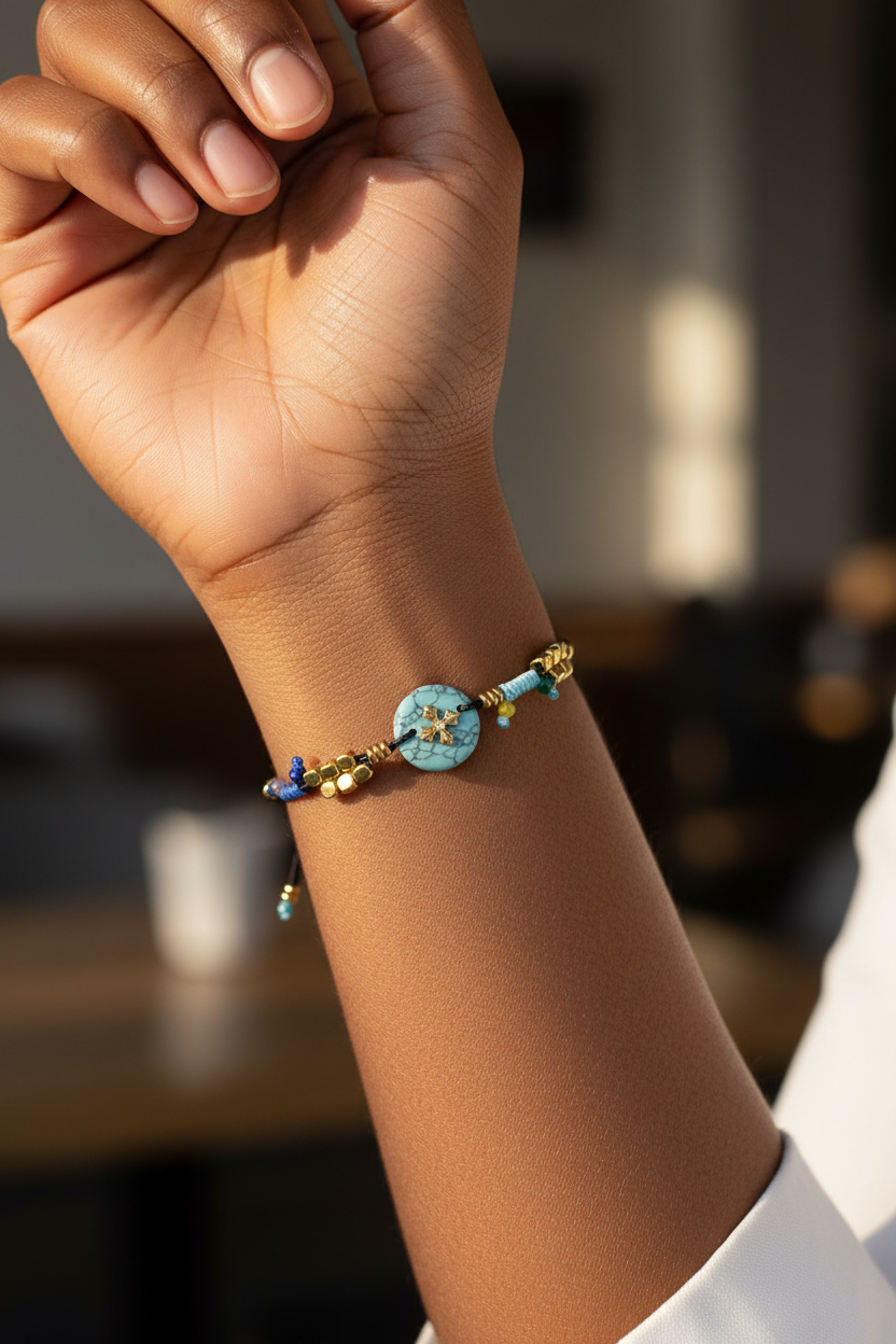 Pulseira colorida artesanal com disco azul e miçangas douradas no pulso