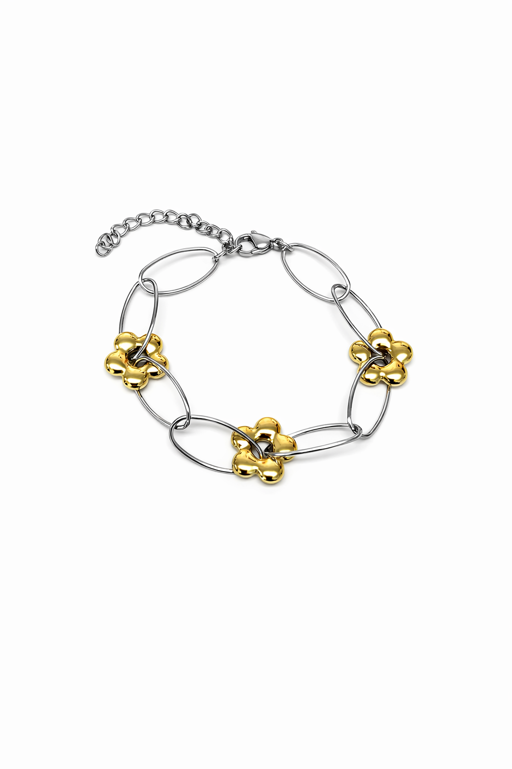 Pulseira de elo grande prateada com flores douradas