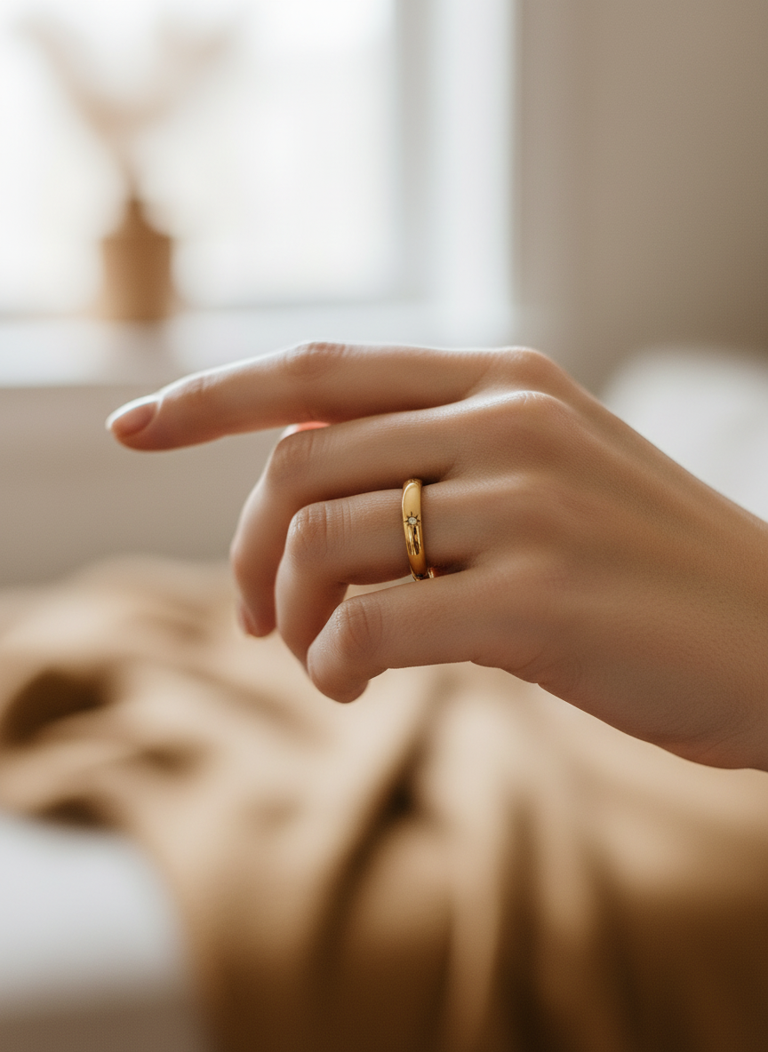 Anel dourado com estrelas cravadas