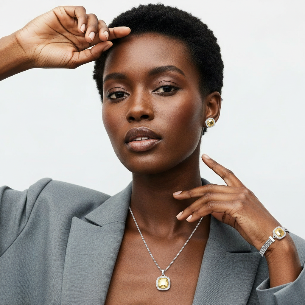 Conjunto de joias amarelas e prata em mulher com blazer cinza