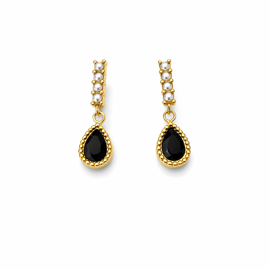 Brincos pendentes com pérolas e gotas pretas em estrutura dourada