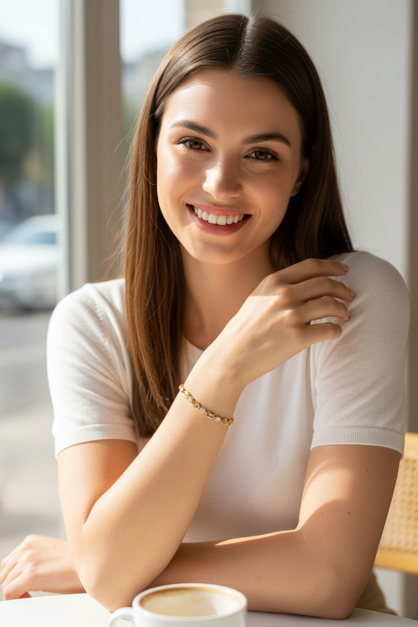 Pulseira dourada com pedras claras no pulso de mulher com camisola branca junto a mesa com café