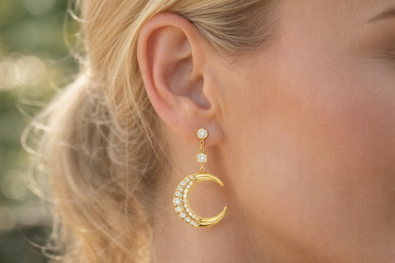 Brinco pendente dourado com pedras brancas em forma de lua crescente na orelha de mulher.