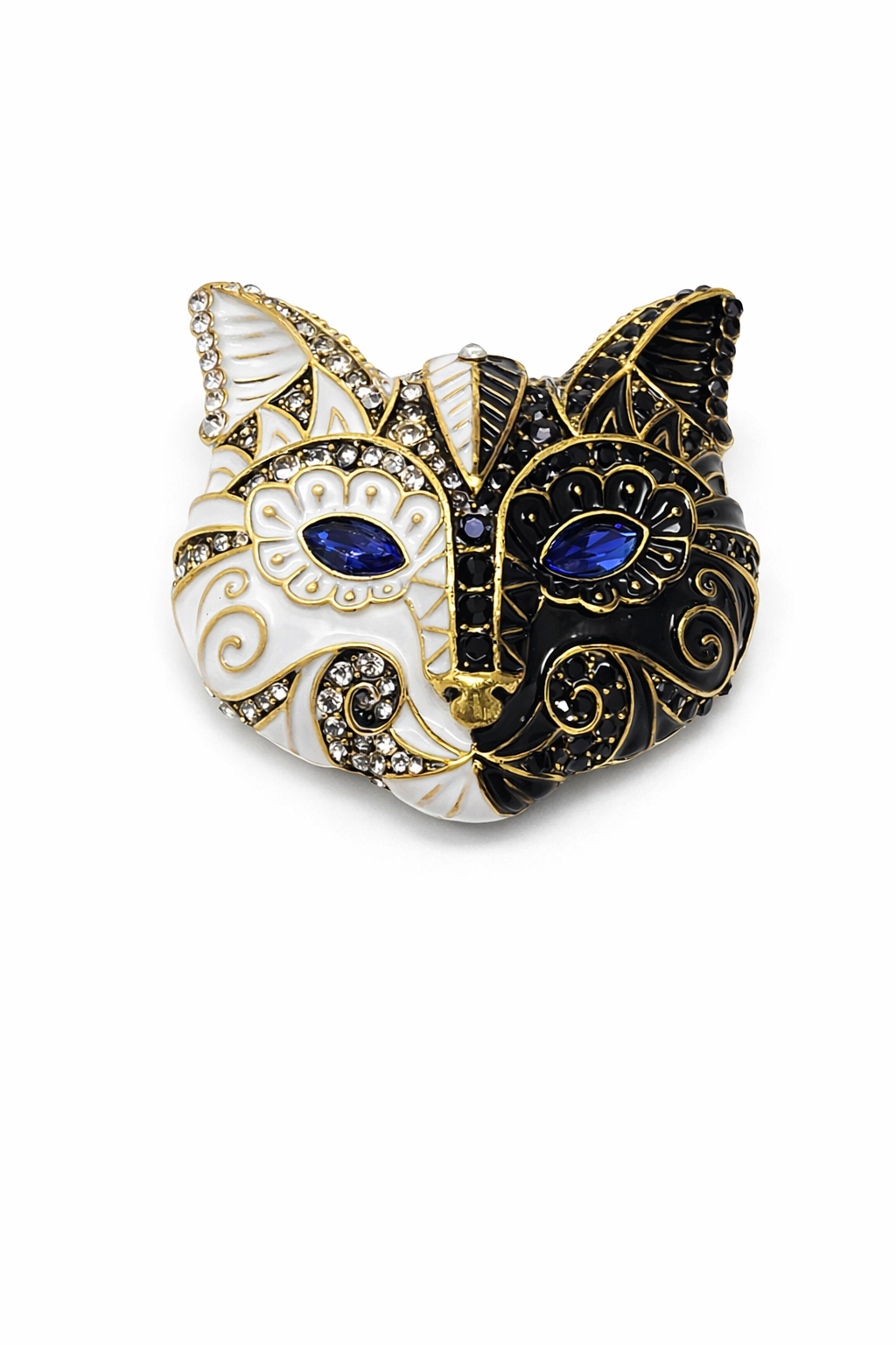 Broche cabeça de gato branco e preto com cristais e detalhes dourados