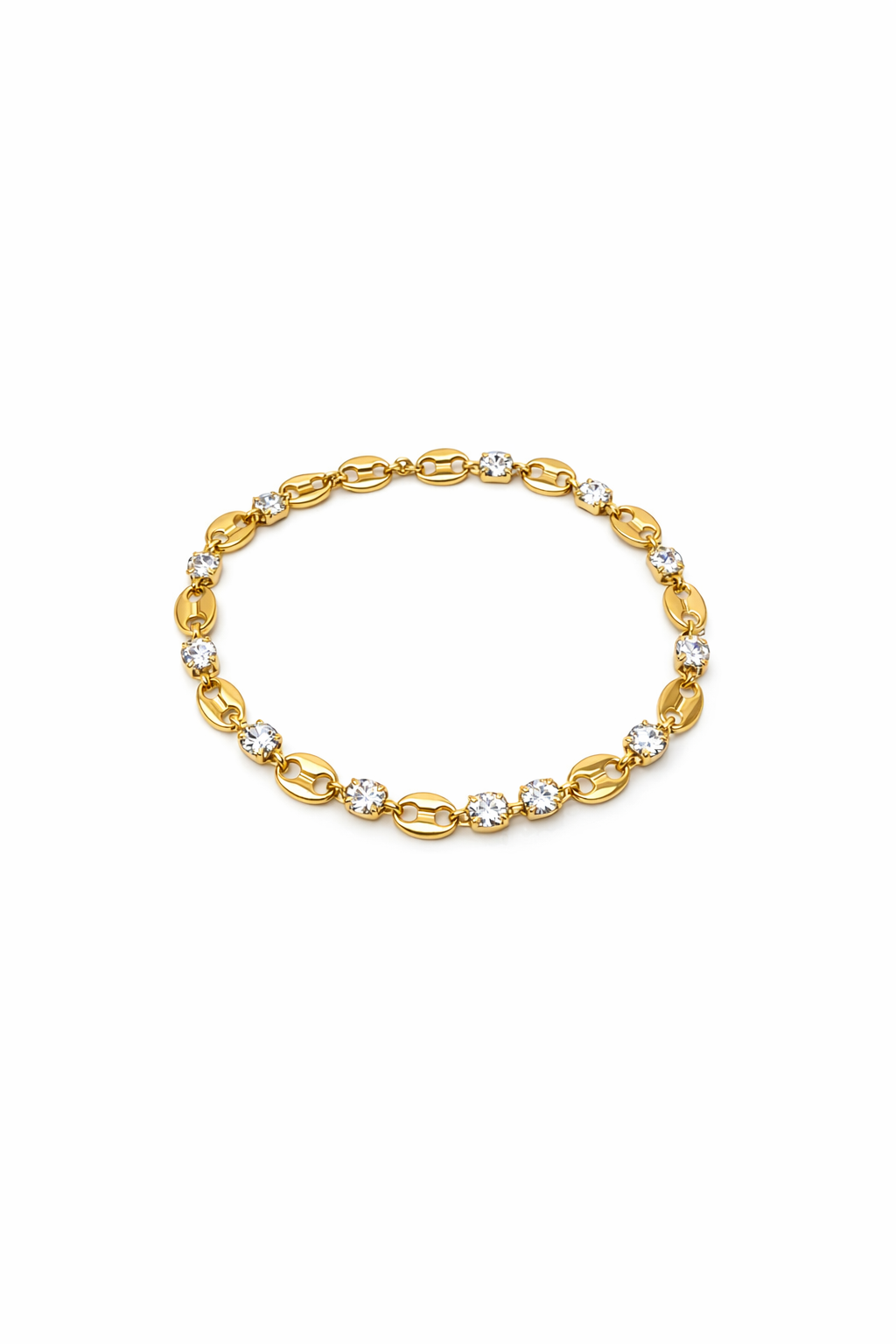 Pulseira dourada com pedras brilhantes alternadas