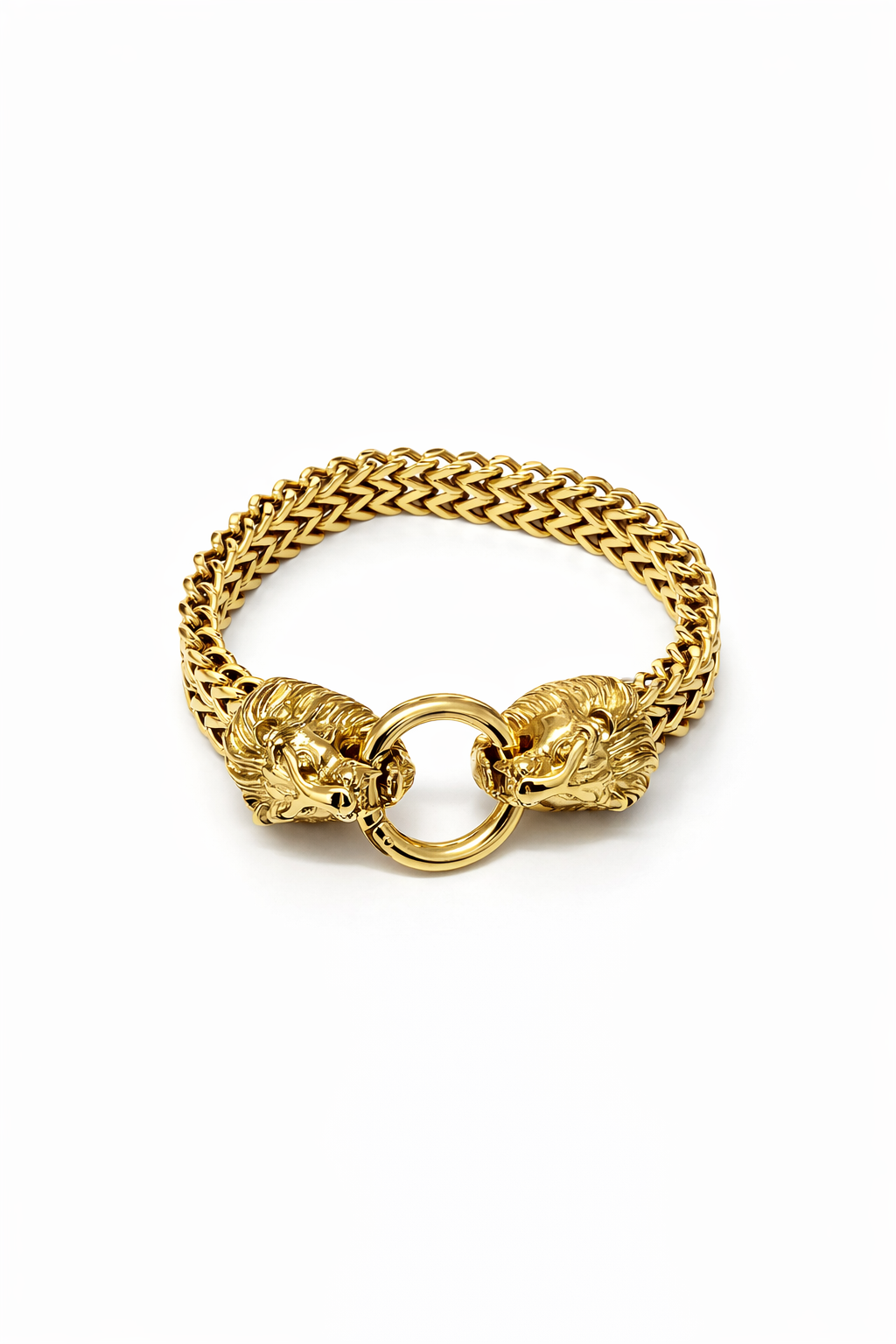 Pulseira dourada com cabeças de leão e anel central