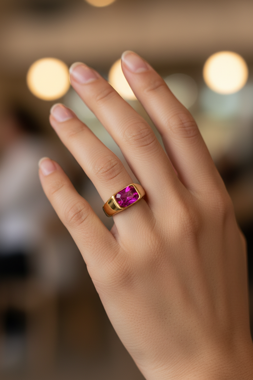 Anel dourado com pedra rosa