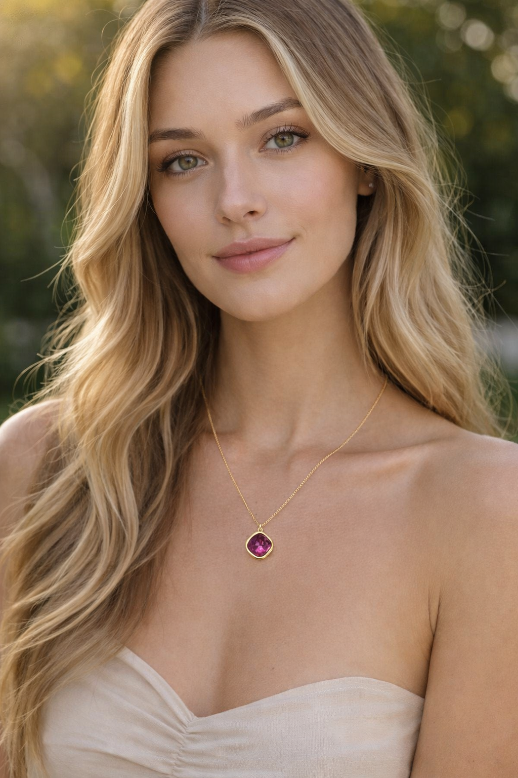 Colar dourado com pendente rosa usado por mulher loira com vestido bege