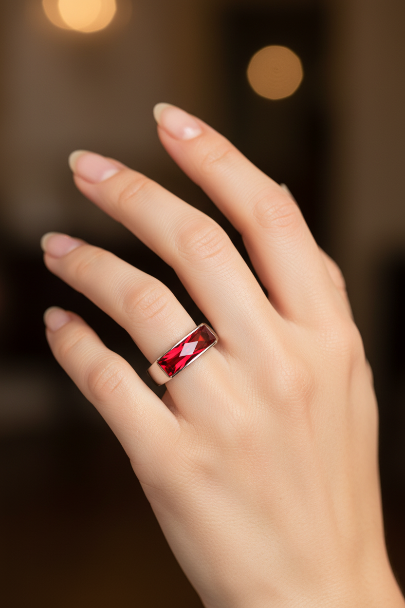 Anel com pedra vermelha numa mão feminina