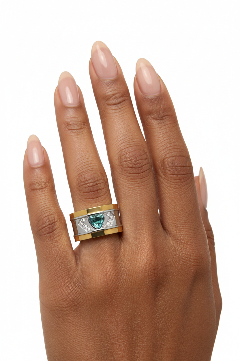 Anel largo com pedra azul em coração na mão.