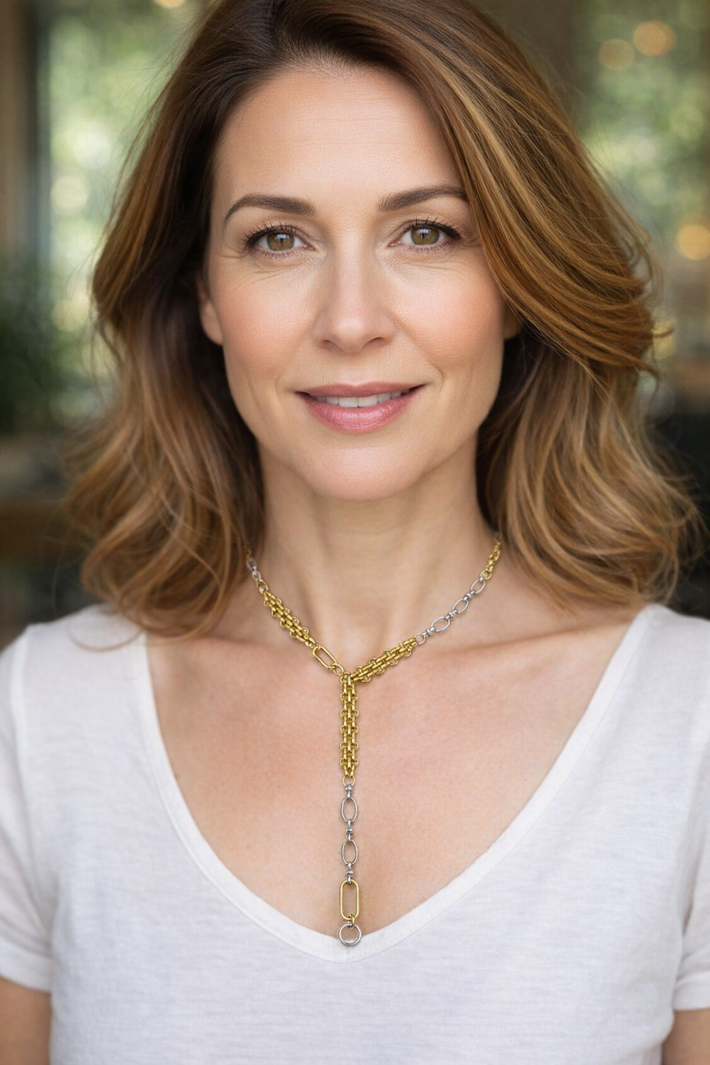 Mulher a usar colar de corrente dourado e prateado