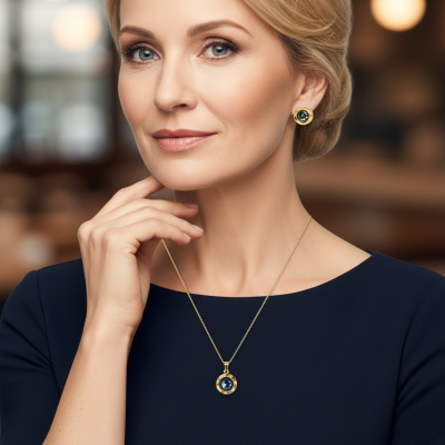 Conjunto de joias douradas com pedra azul e detalhes pretos em mulher com blusa azul