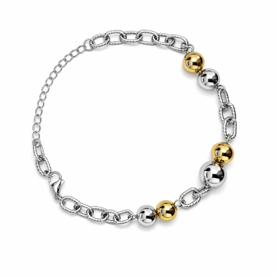 Pulseira de elos de corrente prateados com contas douradas e prateadas