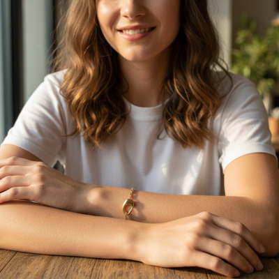 Mulher com pulseira dourada no pulso esquerdo sentada numa mesa de madeira