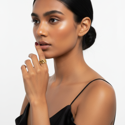 Mulher com top preto e anéis dourados em fundo branco