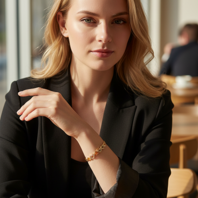 Mulher com pulseira dourada e blazer preto numa cafetaria com aparência luminosa