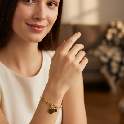 Pulseira dourada com pendentes em forma de coração e cadeado no pulso de mulher