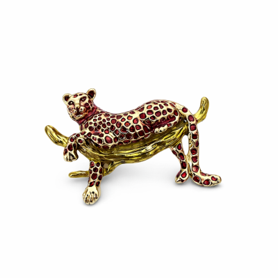 Pingente ou broche leopardo dourado e vermelho em galho