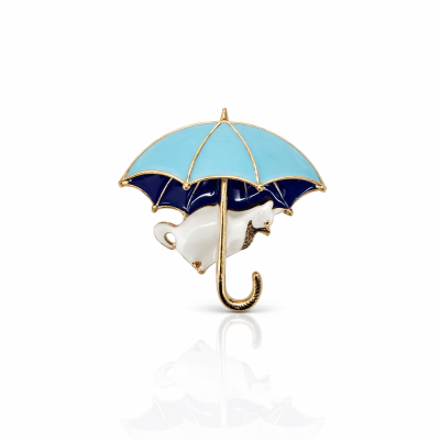 Broche guarda-chuva azul com gato branco