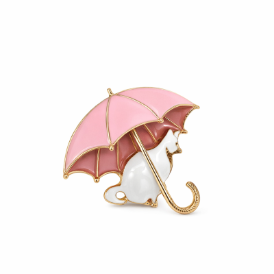 Broche de gato branco com guarda-chuva rosa em metal dourado