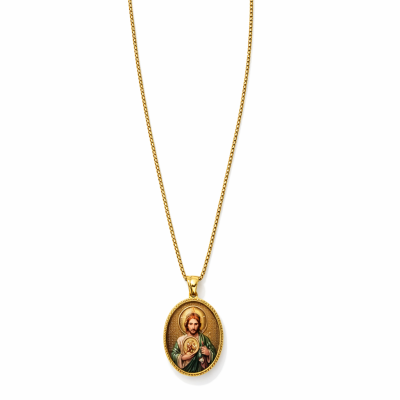 Colar dourado com pendente oval e imagem de Jesus Cristo