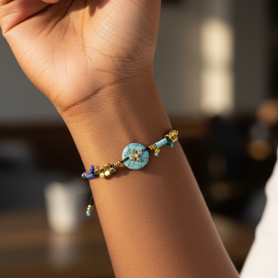 Pulseira colorida artesanal com disco azul e miçangas douradas no pulso