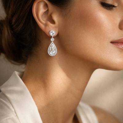 Brinco pendente com pedras cristal em metal prateado usado por mulher com roupa branca