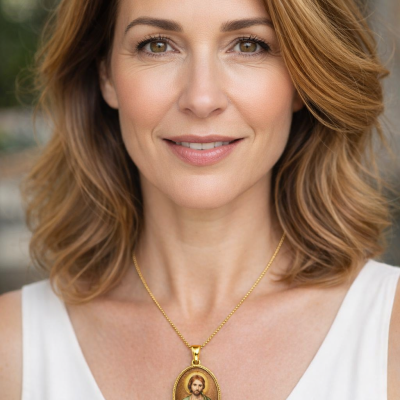 Mulher com colar de medalha religiosa dourada oval