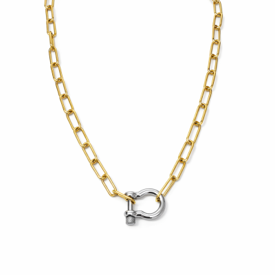 Colar dourado com fecho prateado em fundo branco