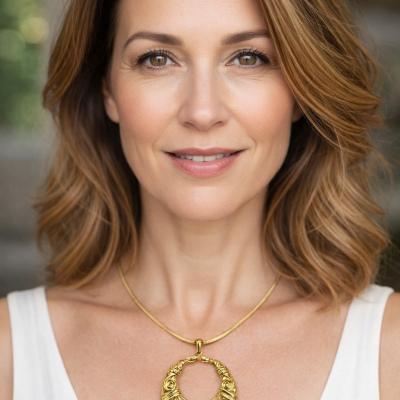 Mulher com colar dourado grande circular e camiseta branca