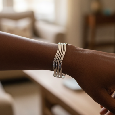 Pulseira prateada de bandas onduladas no pulso de uma pessoa