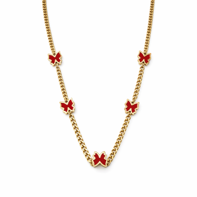 Colar dourado com pendentes vermelhos em forma de borboleta